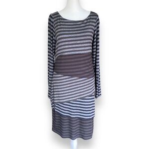 Tribal Gray, Black, and Brown Stripe Tiered Layered Long Sleeve Dress Size Small
